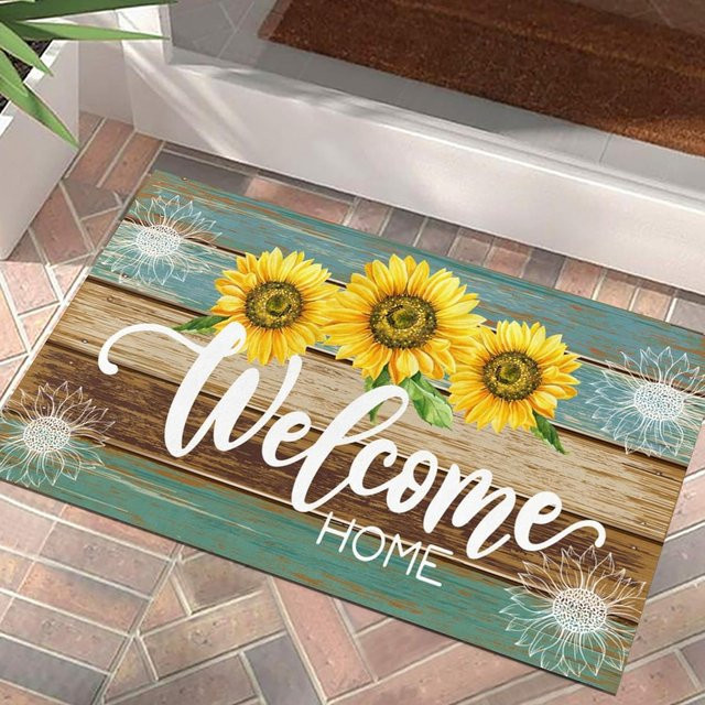VIKAMA Sommer-Fußmatte mit Sonnenblumen-Design, rutschfeste Willkommensmatte im Vintage-Stil für drinnen und draußen, B/H: 60 x 40 cm, Mehrfarbig - Bild 1