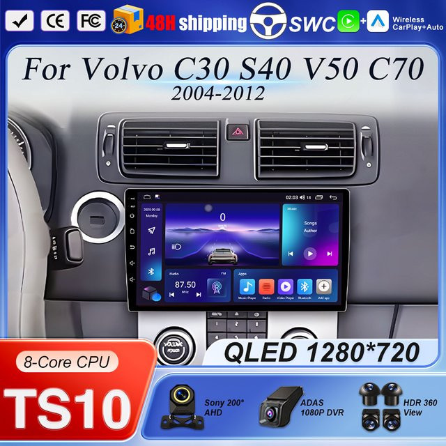 FengShiDa Android 16 Autoradio mit GPS Navigation, Bluetooth, WIFI und Videoplayer für Volvo C30 S40 V50 C70 (2004 - 2012), Schwarz - Bild 1