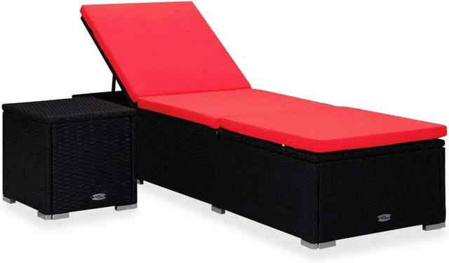vidaXL Sonnenliege aus Poly Rattan mit wetterfester Auflage und Teetisch in Rot - Bild 1