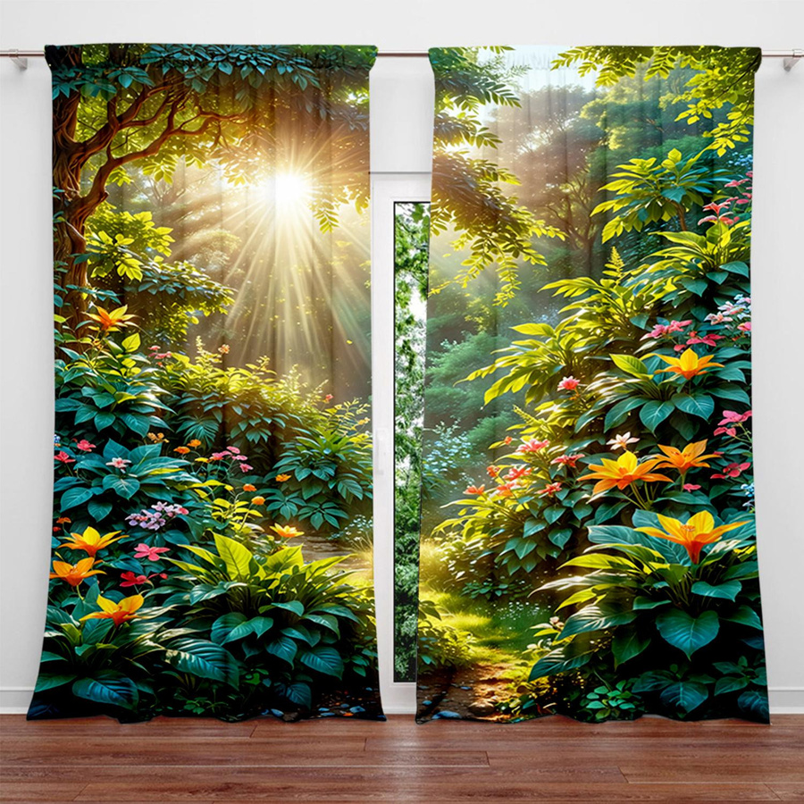 Tonnika Chen Vorhang-Set mit Pflanzenwald-Druck in Multicolor, 2 Stück aus Polyester mit Stangentasche, B: 100 cm, H: 70 cm - Bild 5