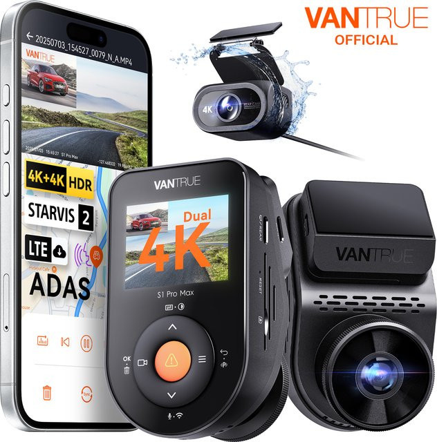 Vantrue S1 Pro Max 4K DashCam mit ADAS, BSD, Starvis2 HDR und IP67 wasserdichter Rückfahrkamera in Schwarz - Bild 1