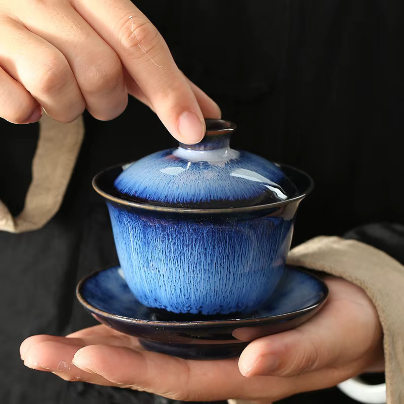 Keramik Teetasse in Blau mit gebürstetem Design - Bild 2