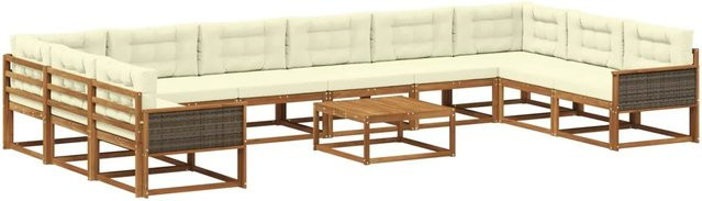 vidaXL Outdoor-Sofagarnitur in U-Form aus massivem Akazienholz mit 11 Kissen in Natur und Creme - Bild 1