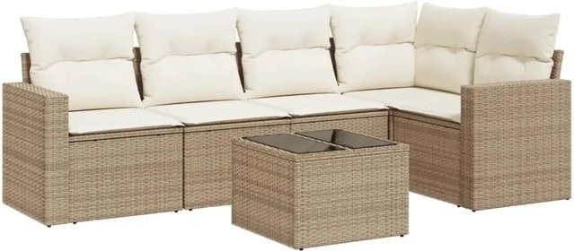 vidaXL 6-teilige Garten-Sofagarnitur in L-Form aus PE-Rattan und pulverbeschichtetem Stahl mit Kissen in Beige und Cremeweiß - Bild 1