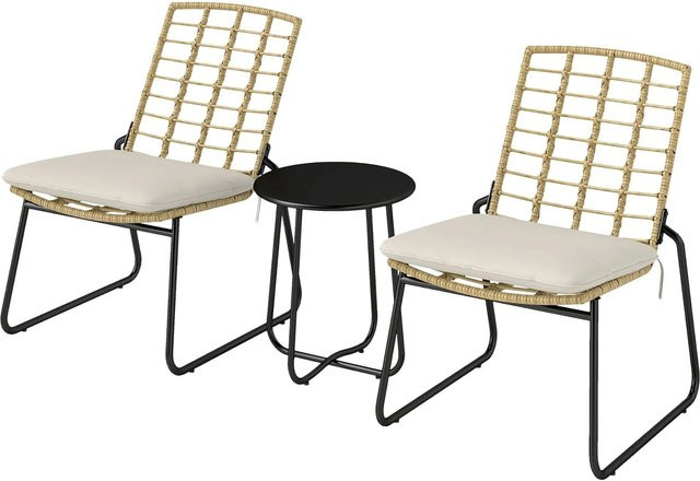 Furnicato 3-teiliges Gartenmöbel-Set mit 2 Rattan-Stühlen und 1 Tisch mit Metallplatte in Beige und Braun inklusive Sitzkissen - Bild 1