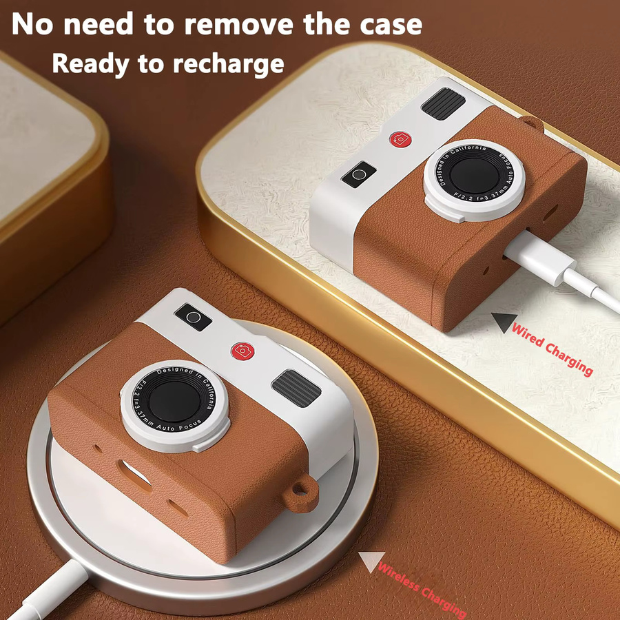 Silikon Schutzhülle im 3D-Retro-Kamera-Design für Apple AirPods Pro 3 inklusive Reinigungswerkzeug und Karabiner in Orange und Braun - Bild 3