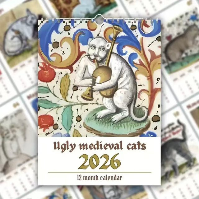 Retro mittelalterlicher Katzen-Wandkalender 2026 mit 12 handbemalten Motiven in Braun und Multicolour - Bild 1