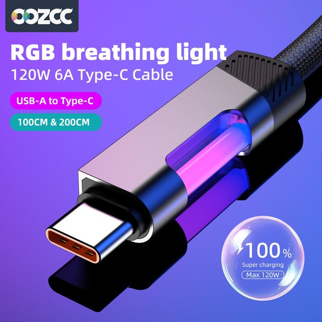 Oozcc RGB-Schnellladekabel mit USB-Typ-C und USB-Typ-A, 120 W, 6 A, Multicolour - Bild 1