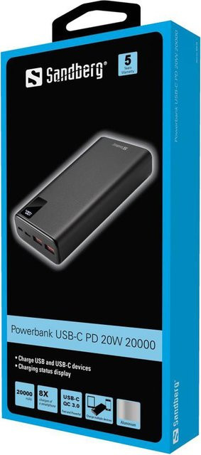 Sandberg Powerbank Schwarz mit 20000 mAh, 74 Wh, 20 Watt, PD und QC 3.0, 3 Ausgänge (2 x USB-A, 1 x USB-C) - Bild 1