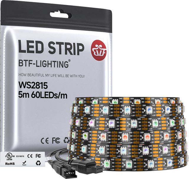BTF-LIGHTING WS2815 RGBIC LED-Streifen mit 60 LEDs pro Meter, 12V DC, individuell adressierbar, Dual-Signal, IP30, 5m Länge, Schwarz - Bild 1