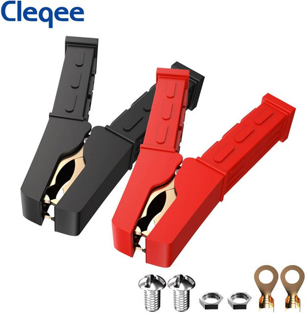 Cleqee 2er-Set Heavy Duty Kupfer Krokodilklemmen für Batterieüberbrückungskabel und elektrische Tests in Gold und Rot - Bild 1