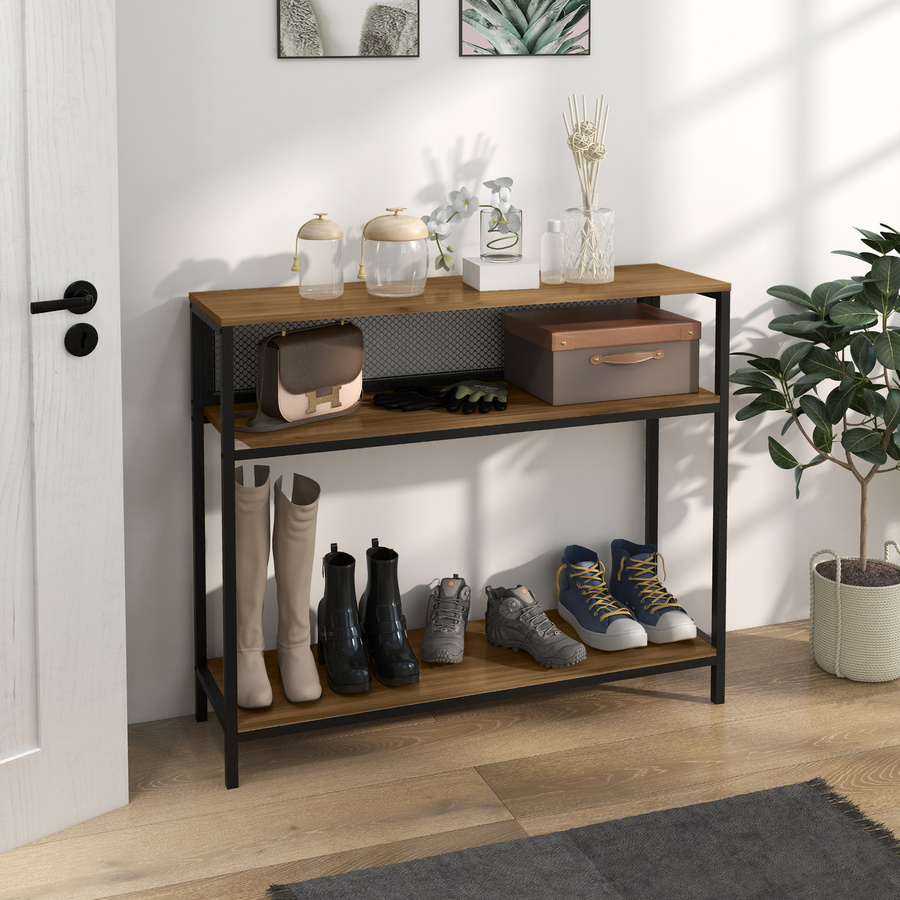 HOMCOM Konsolentisch im industriellen Design mit 2 Regalen, Flurtisch aus Spanplatte und Metall, Braun/Schwarz, B: 100 cm, T: 29,5 cm, H: 90 cm - Bild 3