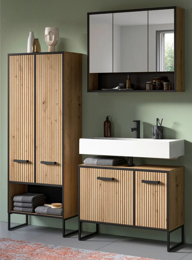 3-teiliges Badmöbel Set Scana von Inn.Furn in Eiche matt mit Waschtischunterschrank, Spiegelschrank und Hochschrank, B/H: 192 x 154 x 36 cm - Bild 1