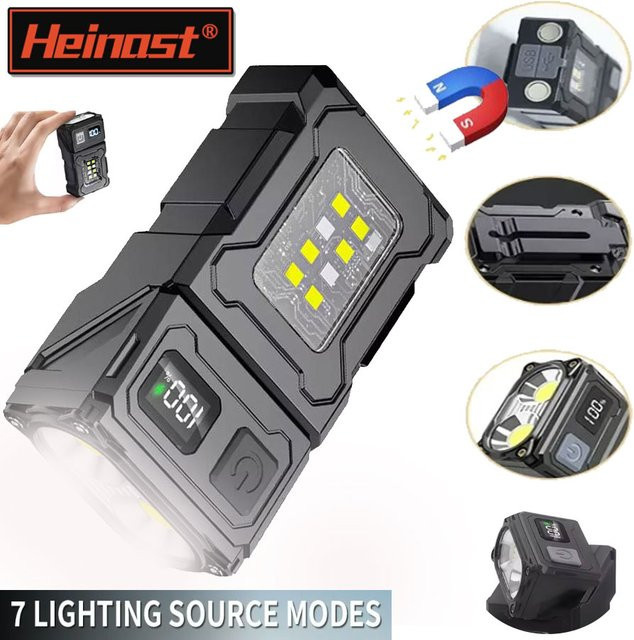 Heinast Mini USB wiederaufladbare LED-Taschenlampe mit COB-Seitlicht, Clip und Magnet in Schwarz - Bild 1
