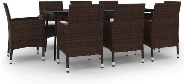 vidaXL 9-teilige Garten-Essgruppe aus Poly-Rattan mit Glasplatte und Kissen in Braun und Schwarz - Bild 1