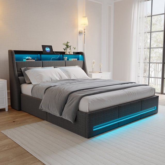 Rosahqnda Polsterbett in Grau mit LED-Kopfplatte, USB-Ladefunktion und Aufbewahrungsraum, B/T: 160 x 200 cm - Bild 1