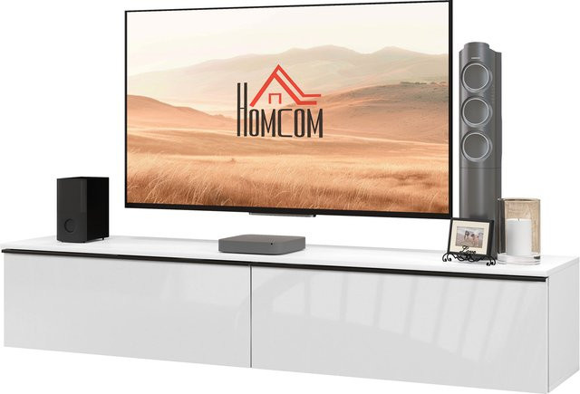 HOMCOM Wand-TV-Möbel aus Holz in Weiß mit glänzender Effekttür für Fernseher bis 70 Zoll, B/T/H: 160 x 35 x 30 cm - Bild 1