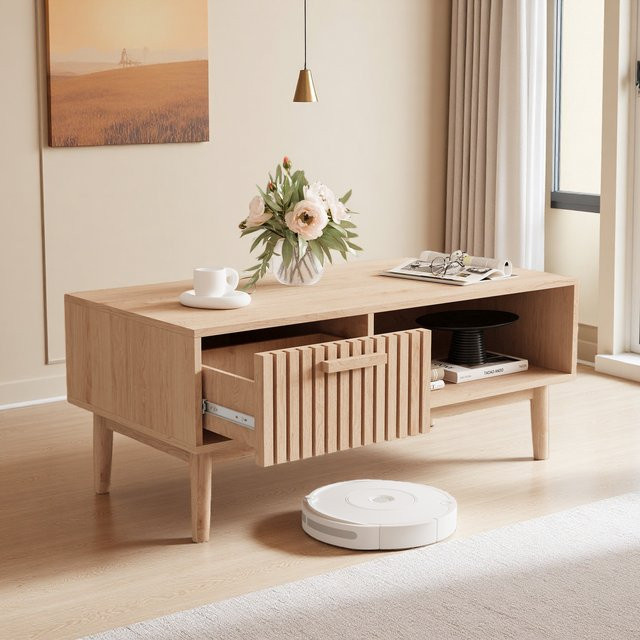 Anajqaqia Couchtisch aus Holz mit offenen Regalen und Schubladen, rechteckiger Aufbewahrungstisch in Holzfarbe, B/T/H: 100 x 50 x 43 cm - Bild 1