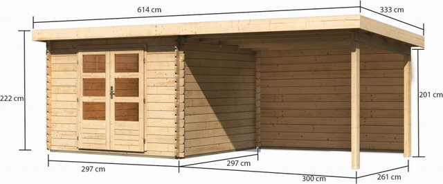 Gartenhaus Holz BASTRUP 5 in Naturbelassen mit Anbaudach und Rückwand, B/T: 297 x 297 cm, 28 mm Blockbohlen - Bild 1