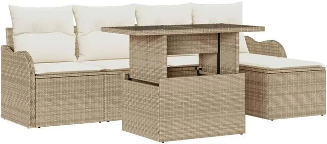 6-teiliges vidaXL Garten-Sofa-Set aus Poly-Rattan in Beige mit Kissen und Tisch - Bild 1