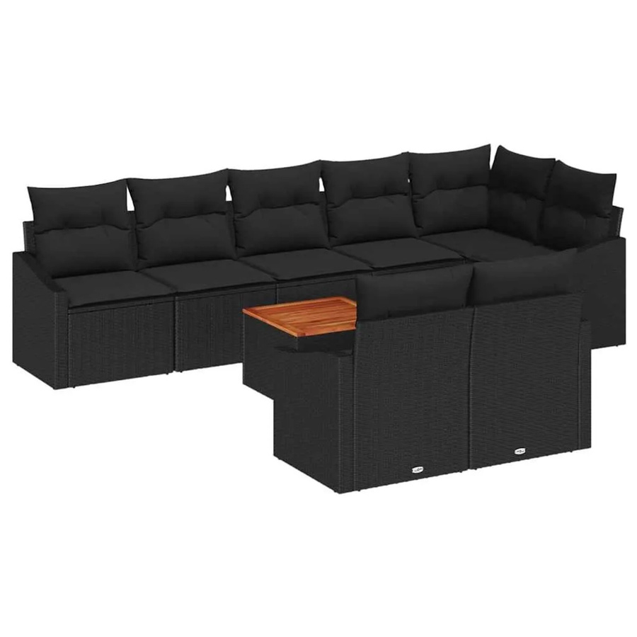 vidaXL Garten-Sofa-Set aus Poly-Rattan in Schwarz, 9-teiliges U-Shape Lounge-Set mit Kissen und Gartentisch aus Akazienholz - Bild 2
