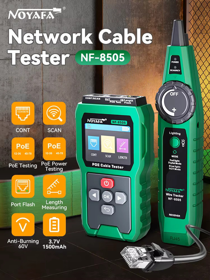 NOYAFA NF-8505 Netzwerkkabel-Tester mit LCD-Display, Kabel-Tracer, PoE-Prüfer und Kabelentfernungsmesser in Grün - Bild 7