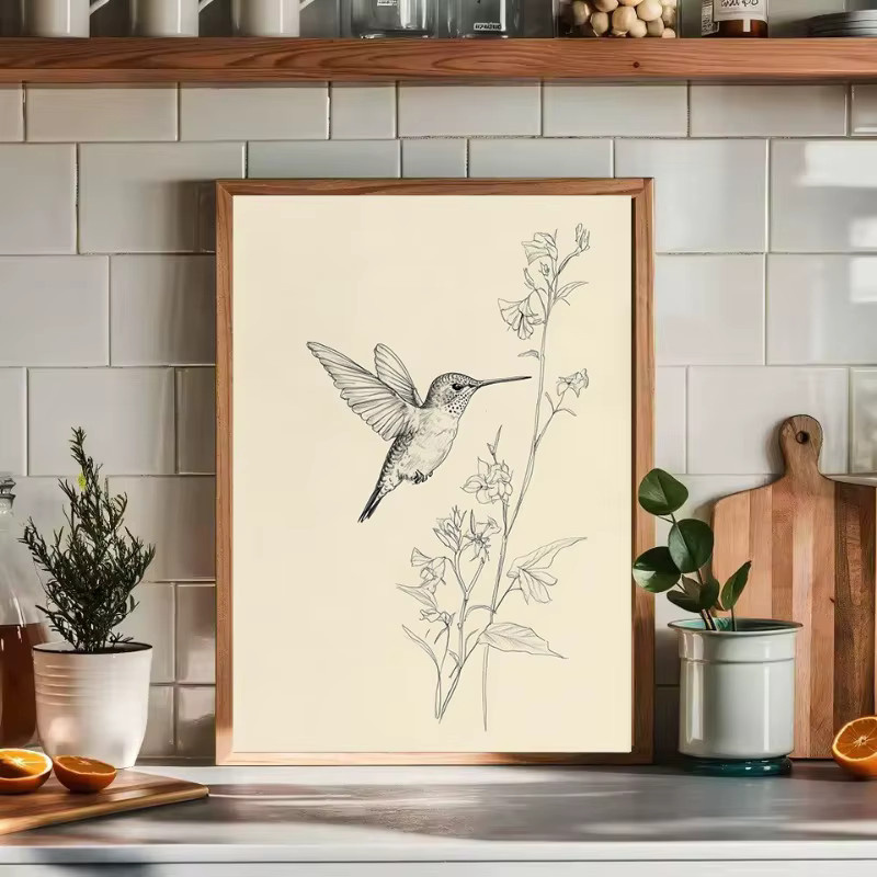 Potdemiel Wandkunst Leinwand mit minimalistischer Kolibri Skizze in Lila im Portraitformat - Bild 2