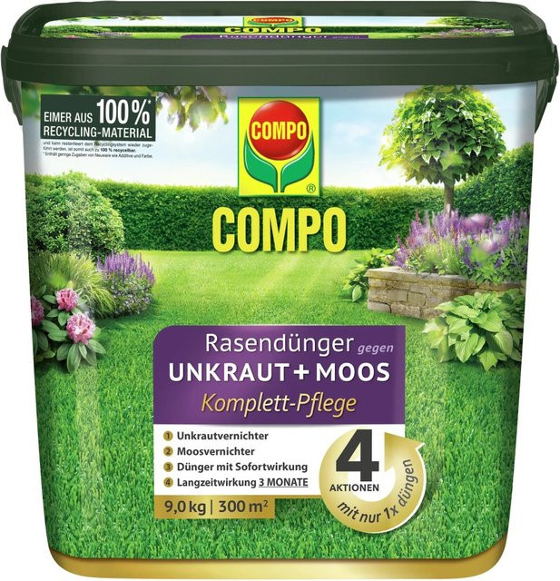 Compo Rasendünger Unkraut & Moos 4in1 Komplett-Pflege für Rasen, 9 kg - Bild 1