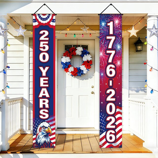 OURFETE Amerikanisches Unabhängigkeitstag Banner 250 Jahre 1776-2026 mit Adler und Feuerwerk, Patriotische Haustür-Dekoration für den 4. Juli, Mehrfarbig, B/H: 180 x 30 cm - Bild 1