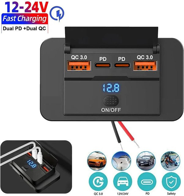Auto-Ladeadapter mit Schalter und 4 Anschlüssen in Schwarz, 12V/24V, PD QC3.0 Schnellladegerät als USB-Verteiler für Auto, Bus, Wohnmobil, LKW und Motorrad - Bild 1