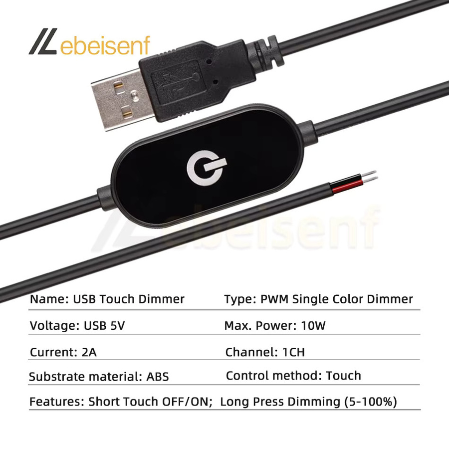 Lebeisenf USB-Verlängerungskabel mit Touch-Dimmer für einfarbige LED-Streifen und Nachtlichter, Länge: 1,5 m - Bild 2
