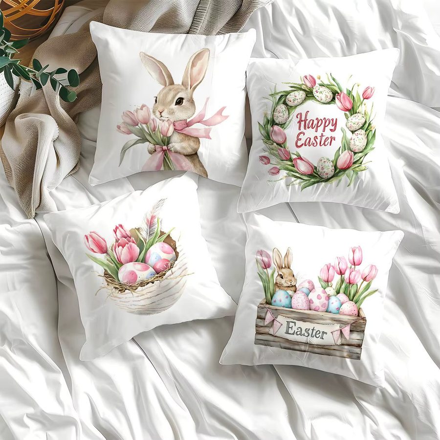 VIKAMA 4-teiliges Osterhasen-Kissenbezug-Set, quadratisch, weiß, doppelseitig bedruckt, Breite: 45 cm x Tiefe: 45 cm - Bild 6