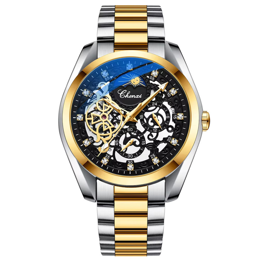 CHENXI Armbanduhr, Automatik, Mondphase, Edelstahl, Schwarz, Herren - Bild 6