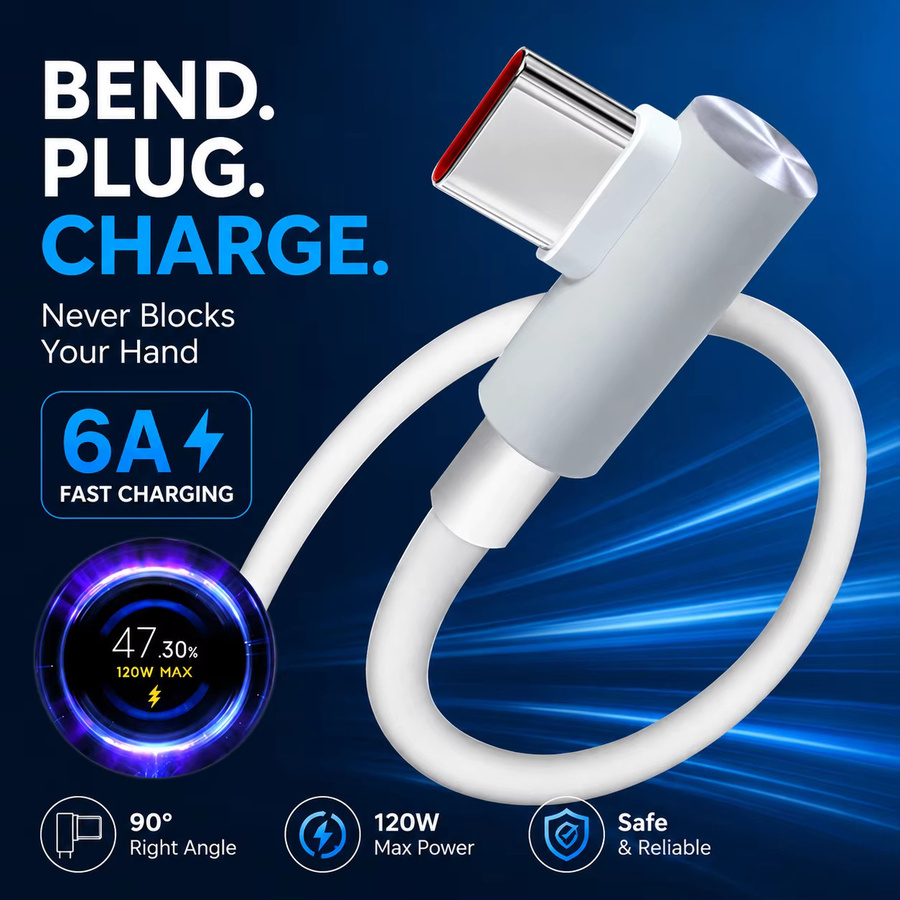 120W USB-A zu USB-C Schnellladekabel mit 6A und 90-Grad-Winkel für Datensynchronisation in Weiß und Gelb - Bild 2