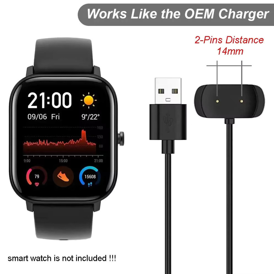 USB-Ladegerät für Amazfit GTS 2e, GTS 2 mini, T-Rex Pro, Bip 3 Pro, GTR 2, GTR 2e, Pop Pro und Bip U Pro in Schwarz - Bild 2