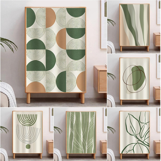 VIKAMA Minimalistischer geometrischer Schrankvorhang in Grün, blickdichter Stoff für Küche, Kleiderschrank oder Regale - Bild 1