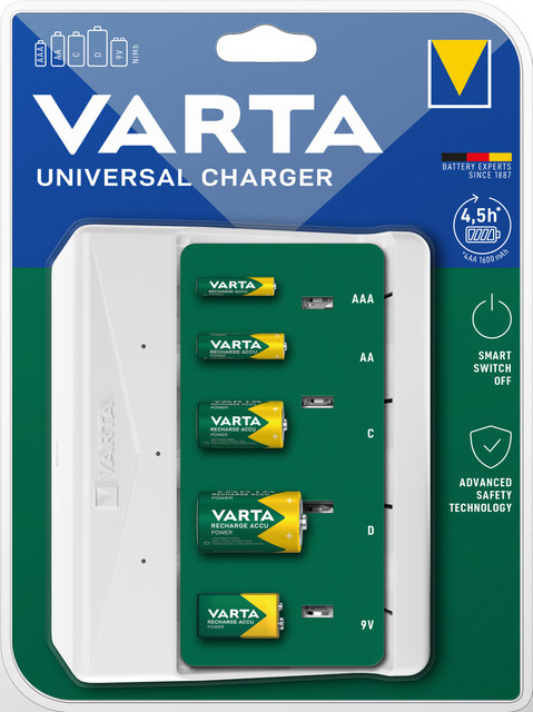 Varta Universal Charger Akkuladegerät für AA, AAA, C, D und 9V Batterien, weiß, B: 154 mm, T: 49 mm, H: 129 mm - Bild 2