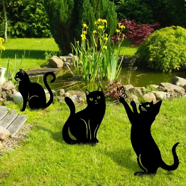 Dekorative Katzenfamilie Gartenstecker von CIFBUY in Schwarz aus Metall im Tiki-Stil für Garten und Rasen - Bild 1