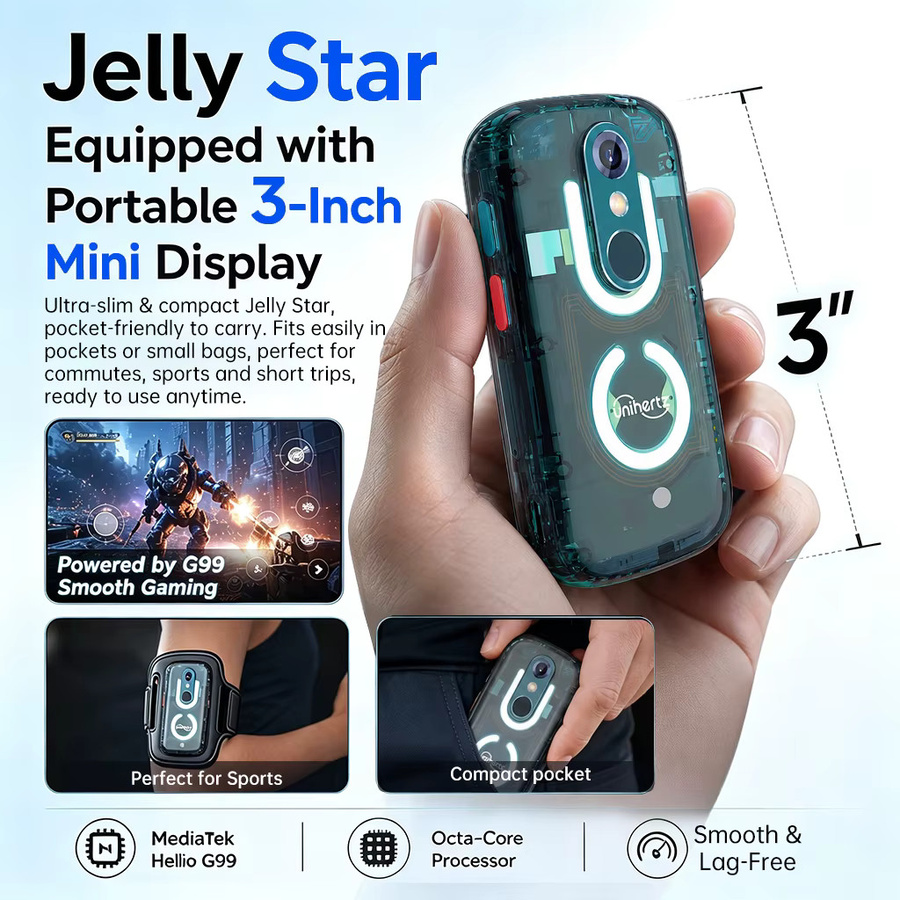 Unihertz Jelly Star Mini-Smartphone mit 256 GB Speicher und 8 GB RAM in Schwarz mit transparenter Rückseite und LED-Licht - Bild 2