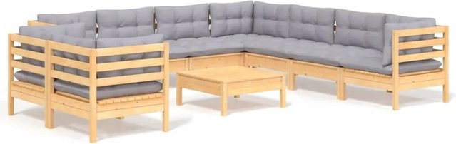 vidaXL 10-tlg. Garten-Lounge-Set aus massivem Kiefernholz in Braun-Grau mit grauen Polstern und Kissen - Bild 1