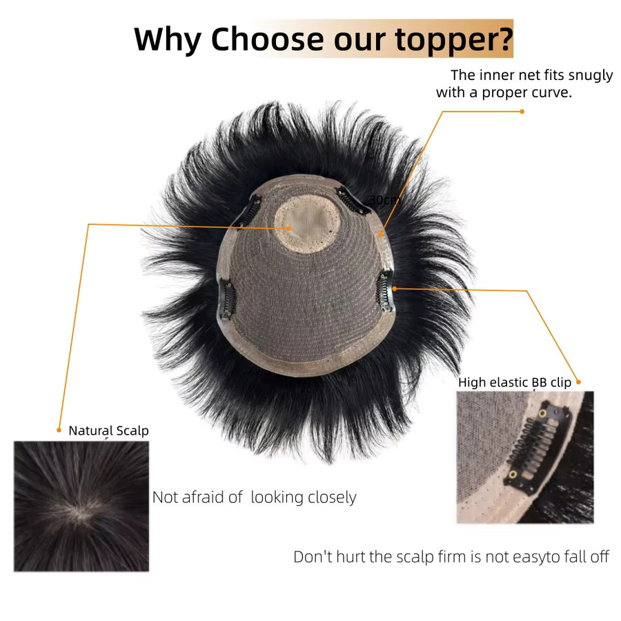 Anemone Toupet für Herren, schwarzes Echthaar-Topper, Clip-in - Bild 4