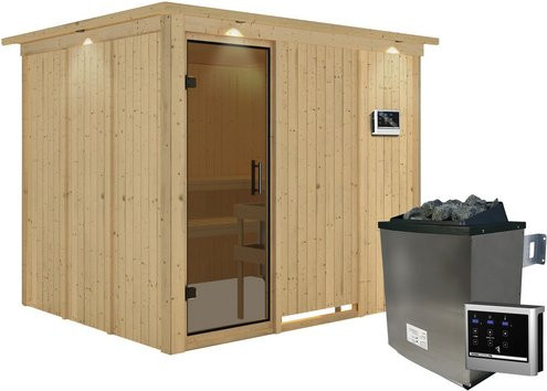 Karibu Sauna Jöhvi aus Fichtenholz in Beige mit 9 kW Saunaofen und externer Steuerung für 4 Personen, H x B x T: 210 x 245 x 202 cm - Bild 1