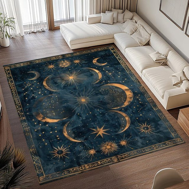 Sternennacht Teppich mit Mond- und Sternenmuster in Blau, moderner Bodenmatte für Wohnzimmer und Schlafzimmer, B: 80 cm, T: 160 cm - Bild 1