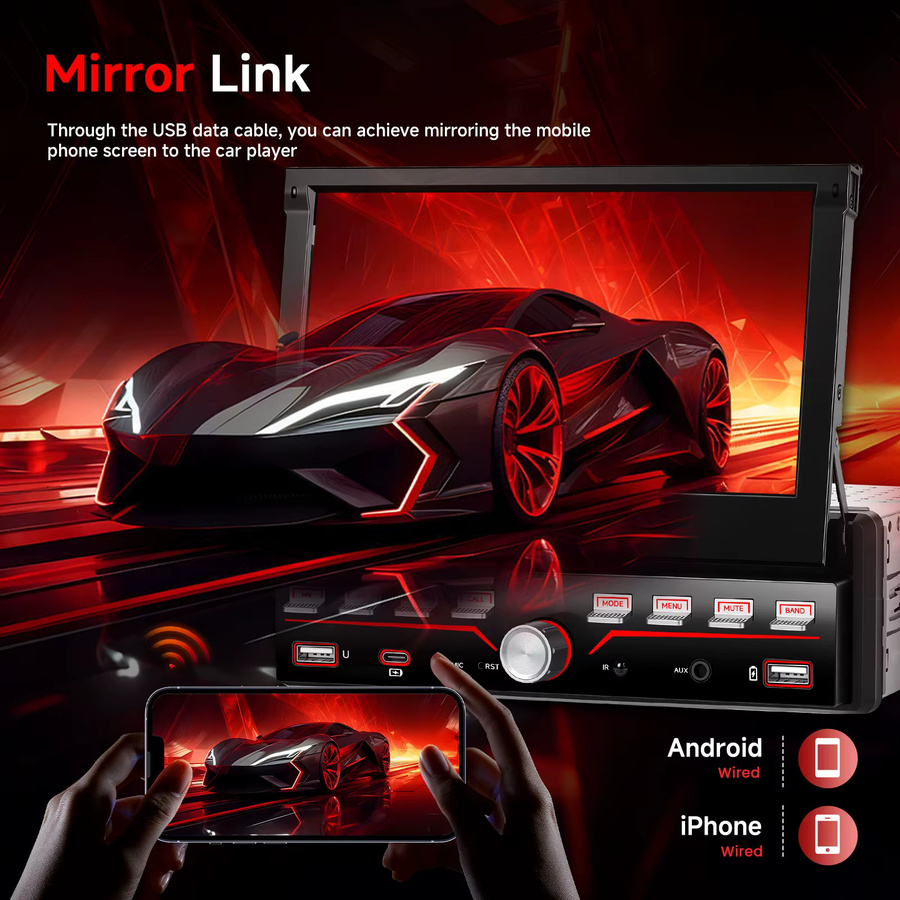 Podofo 7-Zoll 1Din Auto-MP5 Multimedia-Player mit ausfahrbarem IPS-Bildschirm, Bluetooth, Typ-C und Mirror Link in Schwarz - Bild 2