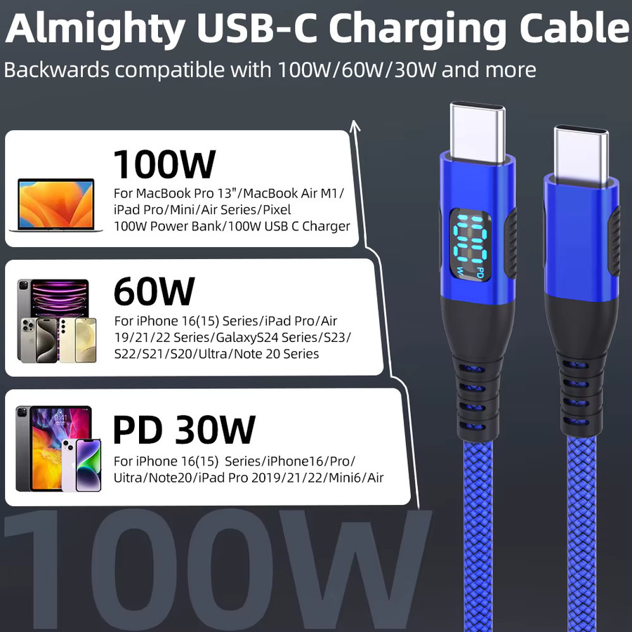 LAIHONEN USB-C auf Typ-C Kabel mit dynamischem LED-Display, 100 W, Blau, Hochgeschwindigkeits-Datenübertragung und langlebigem PVC-Nylon - Bild 6