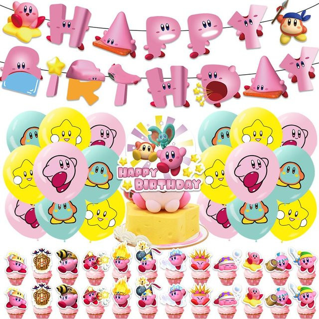 Skyfree Partydekoration Set mit Kirby-Sternmotiv in Mehrfarbig, 44 Stück inklusive Banner, Kuchenaufsatz und Ballons - Bild 1