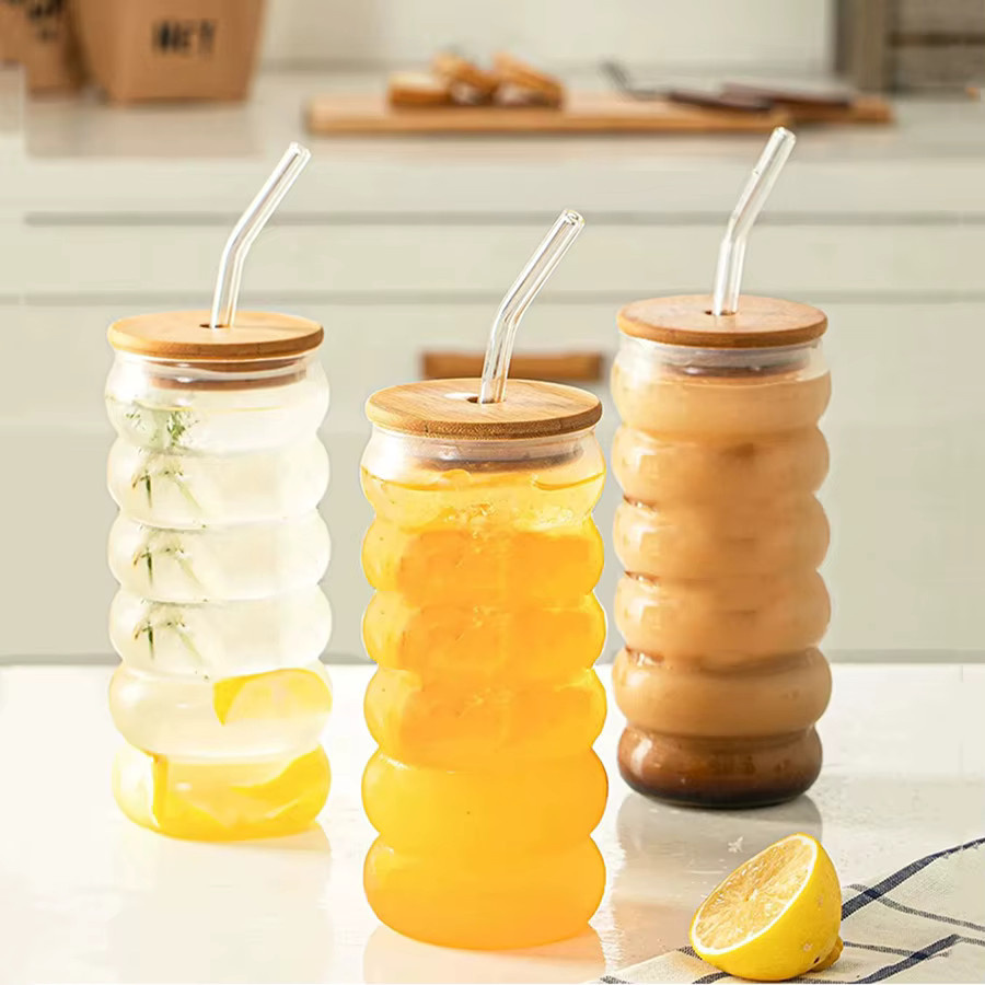 YWDL Hitzebeständiges Wellenmuster-Becher-Set aus Glas, 2 Stück, transparent, mit Deckel und Strohhalm, 350 ml und 480 ml - Bild 3