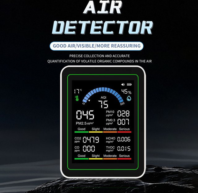 Aideepen 10-in-1 Luftqualitätsmonitor in Schwarz: CO CO2 PM2,5 PM0,3 PM1,0 Formaldehyd-Detektor sowie Temperatur- und Feuchtigkeitstester - Bild 1