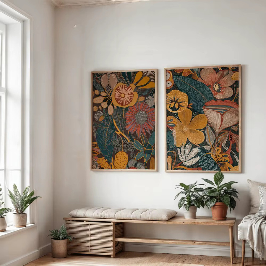 2er-Set rahmenlose Leinwandgemälde von HALFLEMART mit orangefarbenem Sonnenblumenstrauß im Bohemian-Stil, florale Wanddekoration in Multicolour - Bild 4