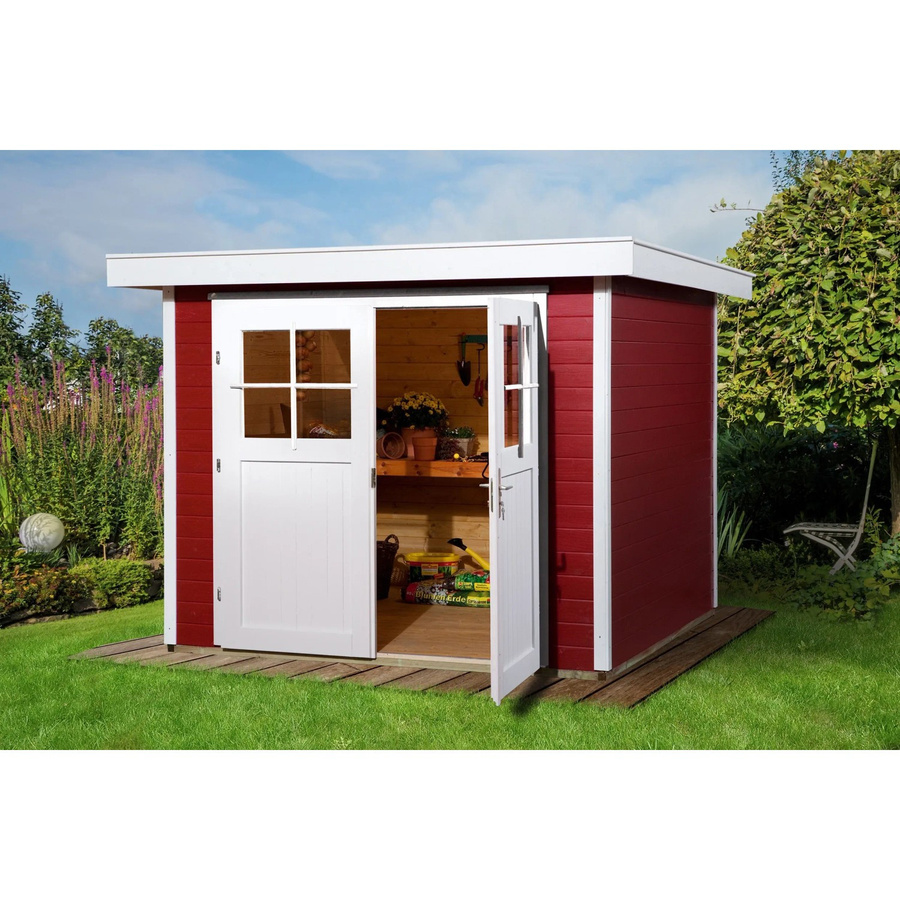WEKA Gartenhaus 227 Gr.2 aus Massivholz in Schwedenrot mit Flachdach und Vordach, B/H/T: 257 x 217 x 239 cm - Bild 2